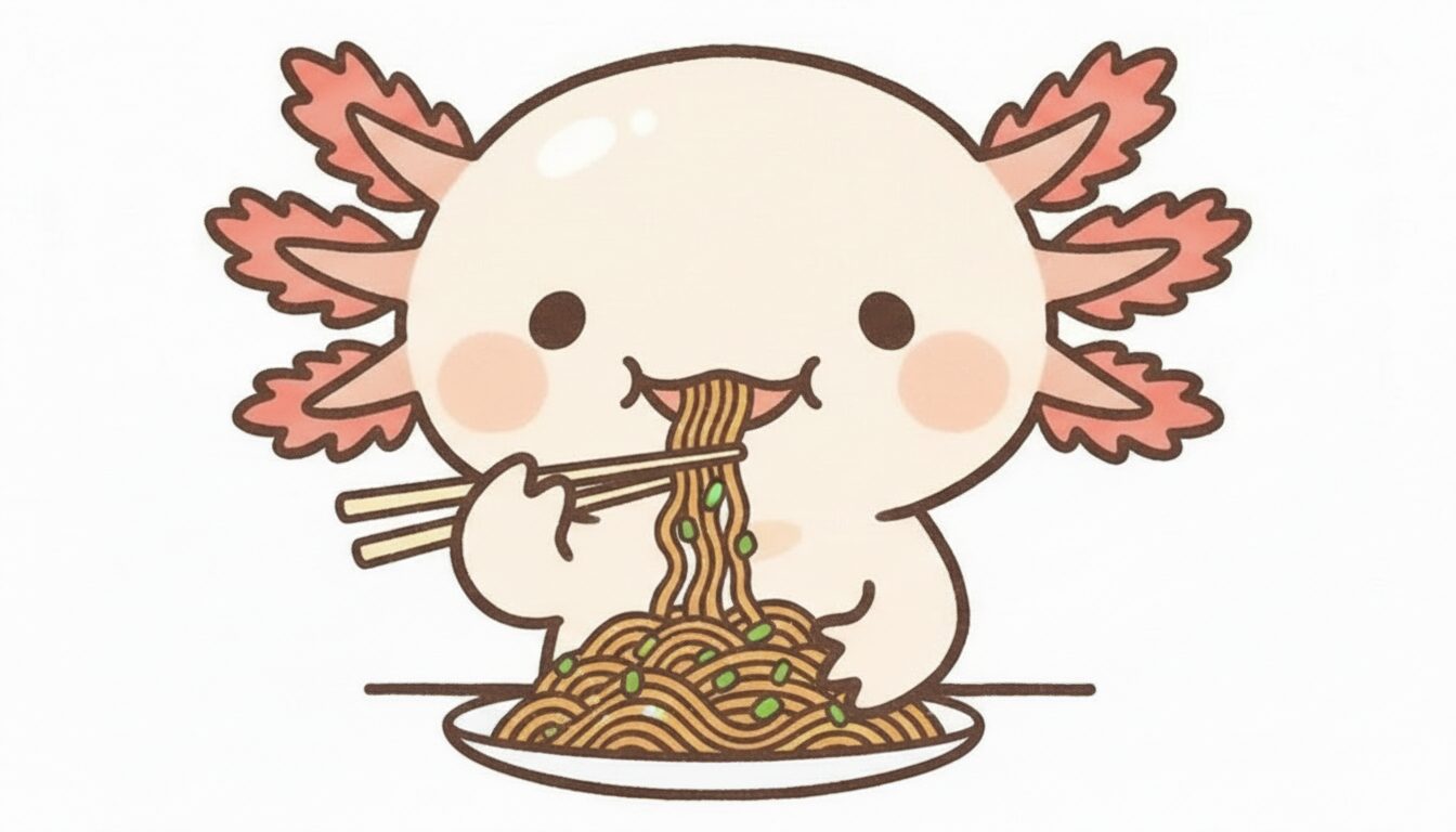 焼きそばを食べているウーパールーパー　ウーパールーパー研究所