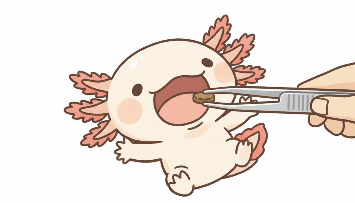 ピンセットで顔の近くに持っていく　ウーパールーパー研究所