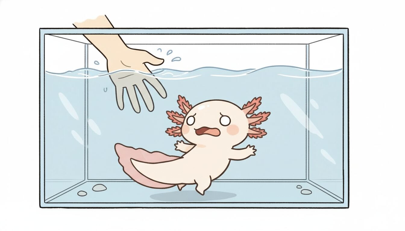 手を怖がっているウーパールーパー　ウーパールーパー研究所