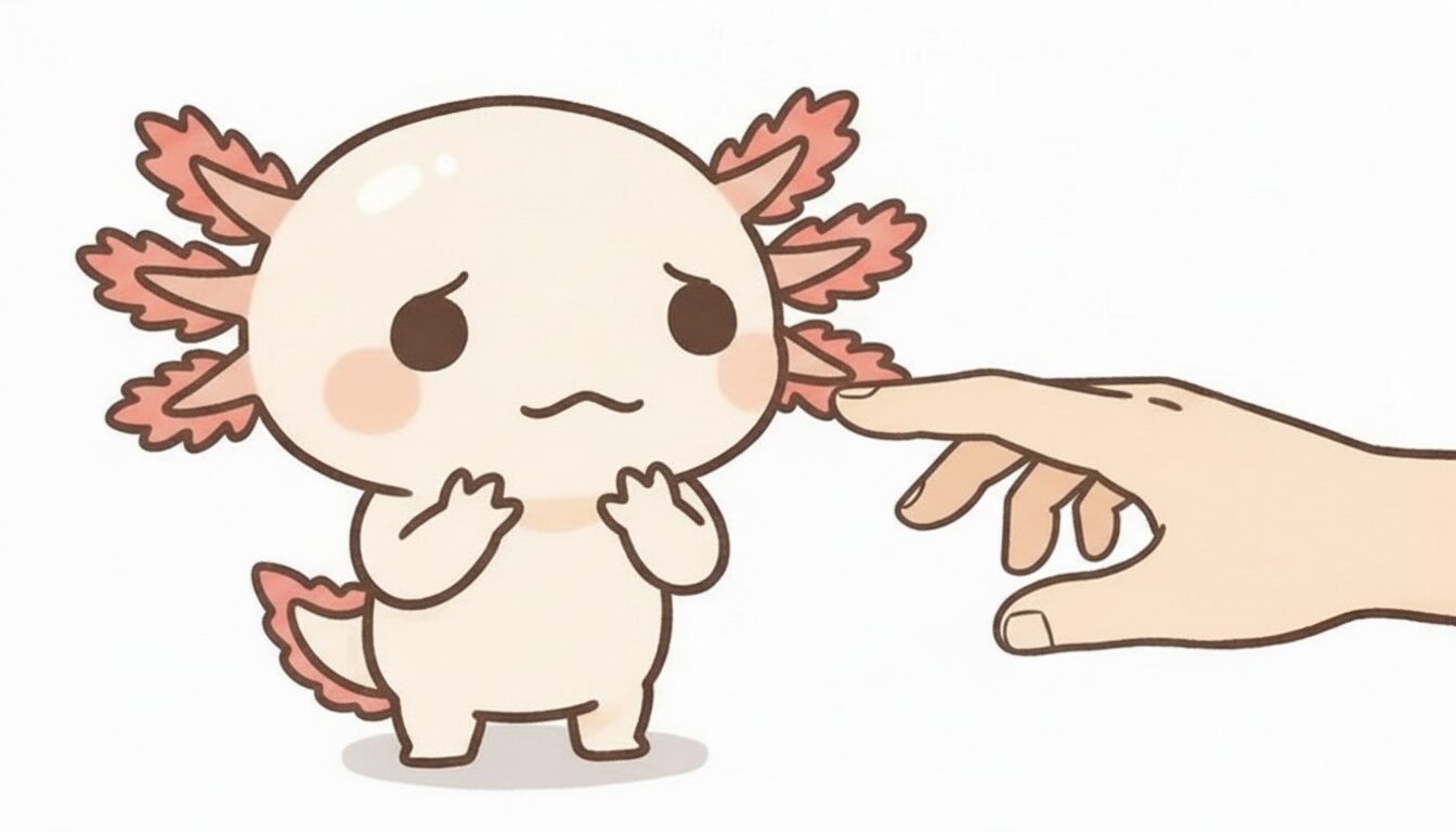 手を嫌がっっているウーパールーパー　ウーパールーパー研究所