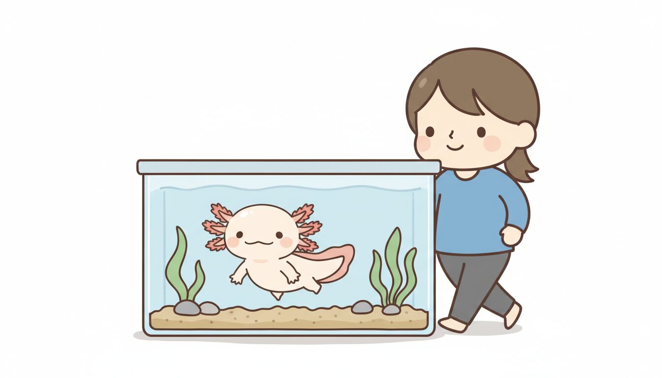 ウーパールーパーの近くを通る人　ウーパールーパー研究所